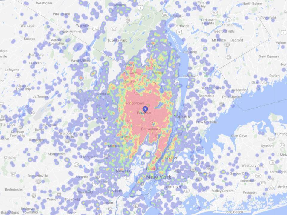 Screenshot from Placer.ai's platform showing the True Trade Area of the Paramus Mall in New Jersey.
