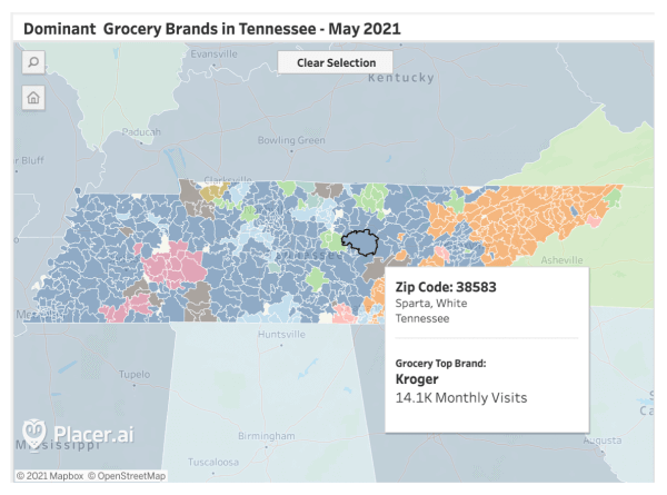 Kroger is the most popular grocery chain in most of Tennessee