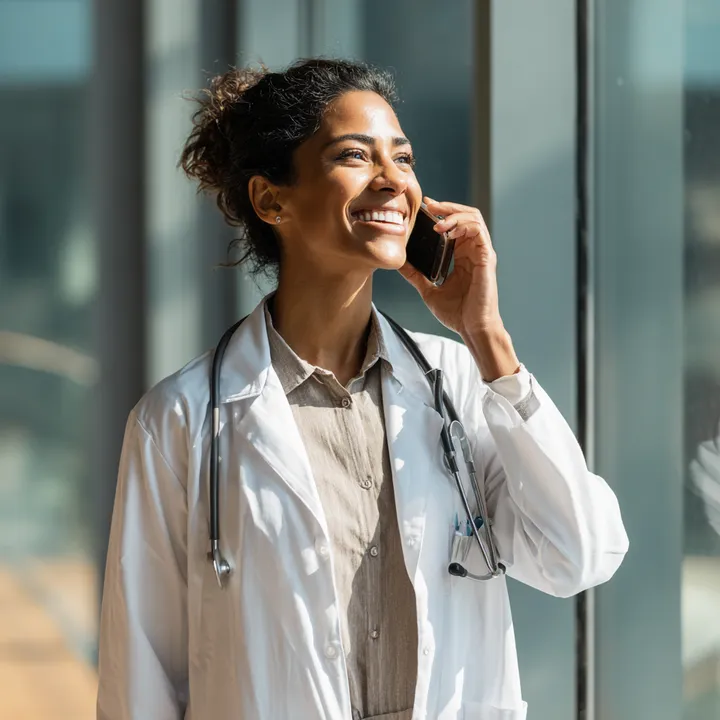 A woman in a white lab coat talking on a cell phone.