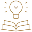 Icon of a light bulb above an open book with small squares around it representing ideas or knowledge.