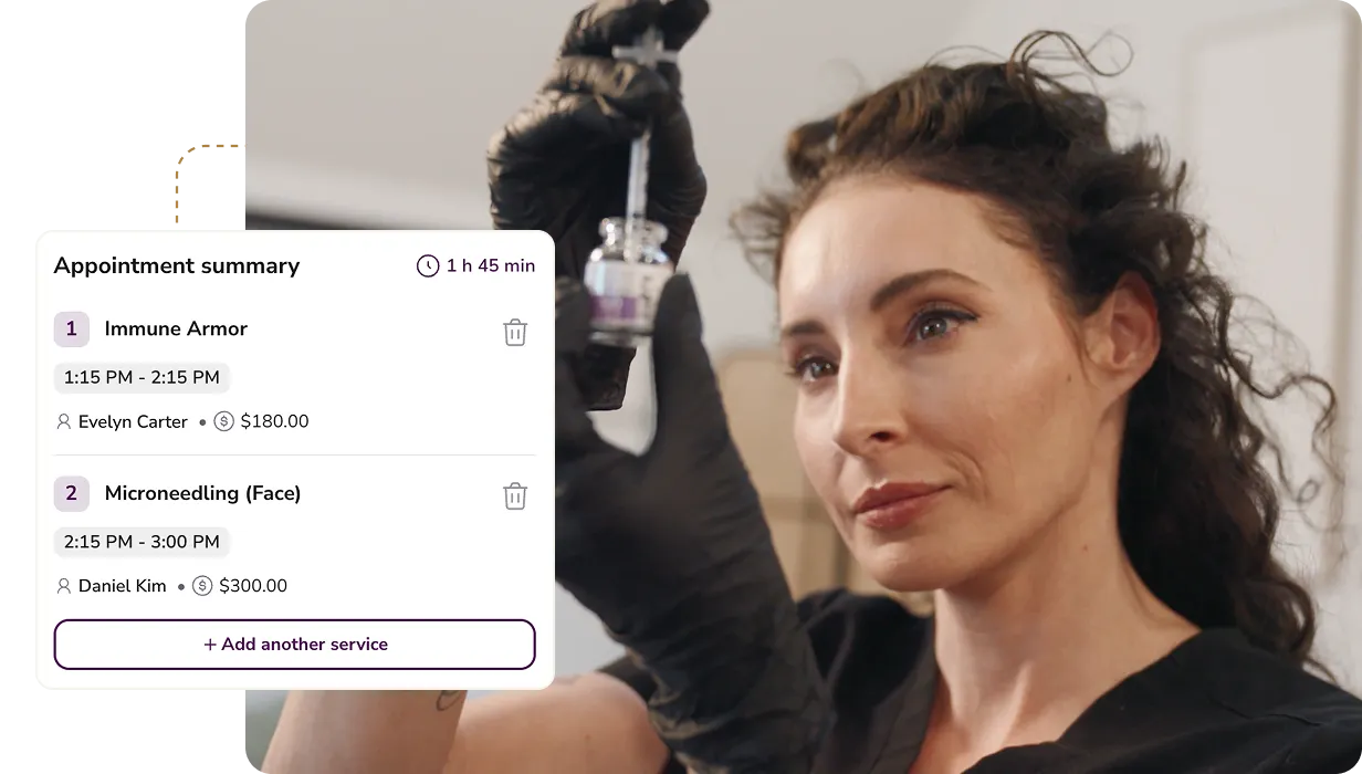 Medical professional wearing black gloves holding a vial and syringe, with an appointment summary overlay showing services Immune Armor and Microneedling (Face).