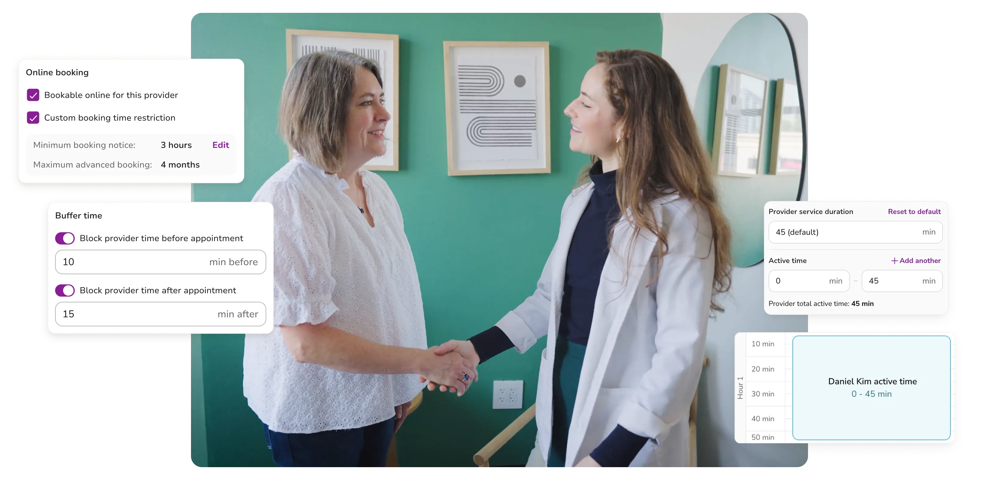 Two women shaking hands in an office with green walls and framed art, surrounded by booking schedule interface overlays.