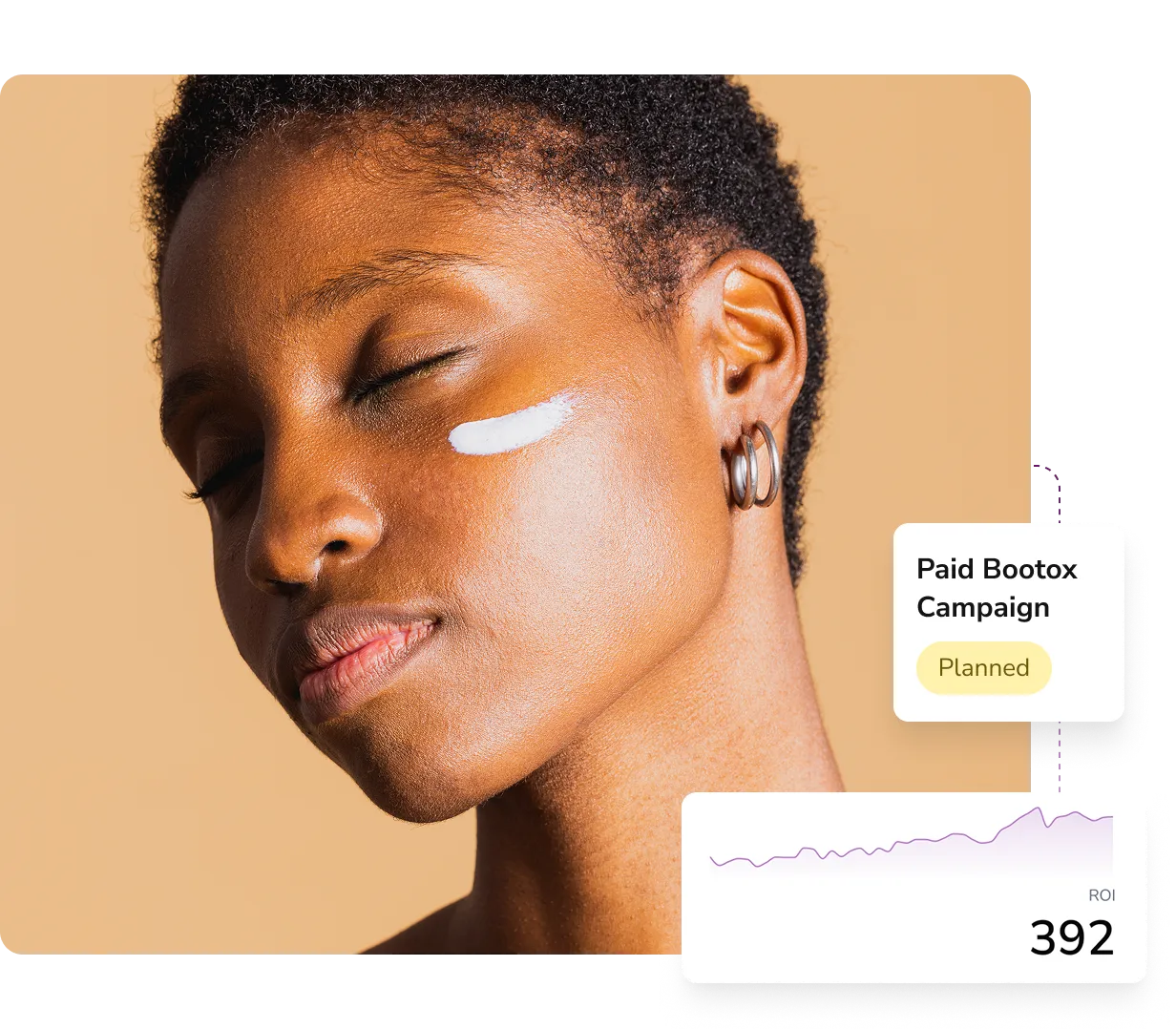 Close-up of a person with closed eyes and a white cream stripe on their cheek, alongside a graphic showing ROI 392 for a planned Paid Booto campaign.
