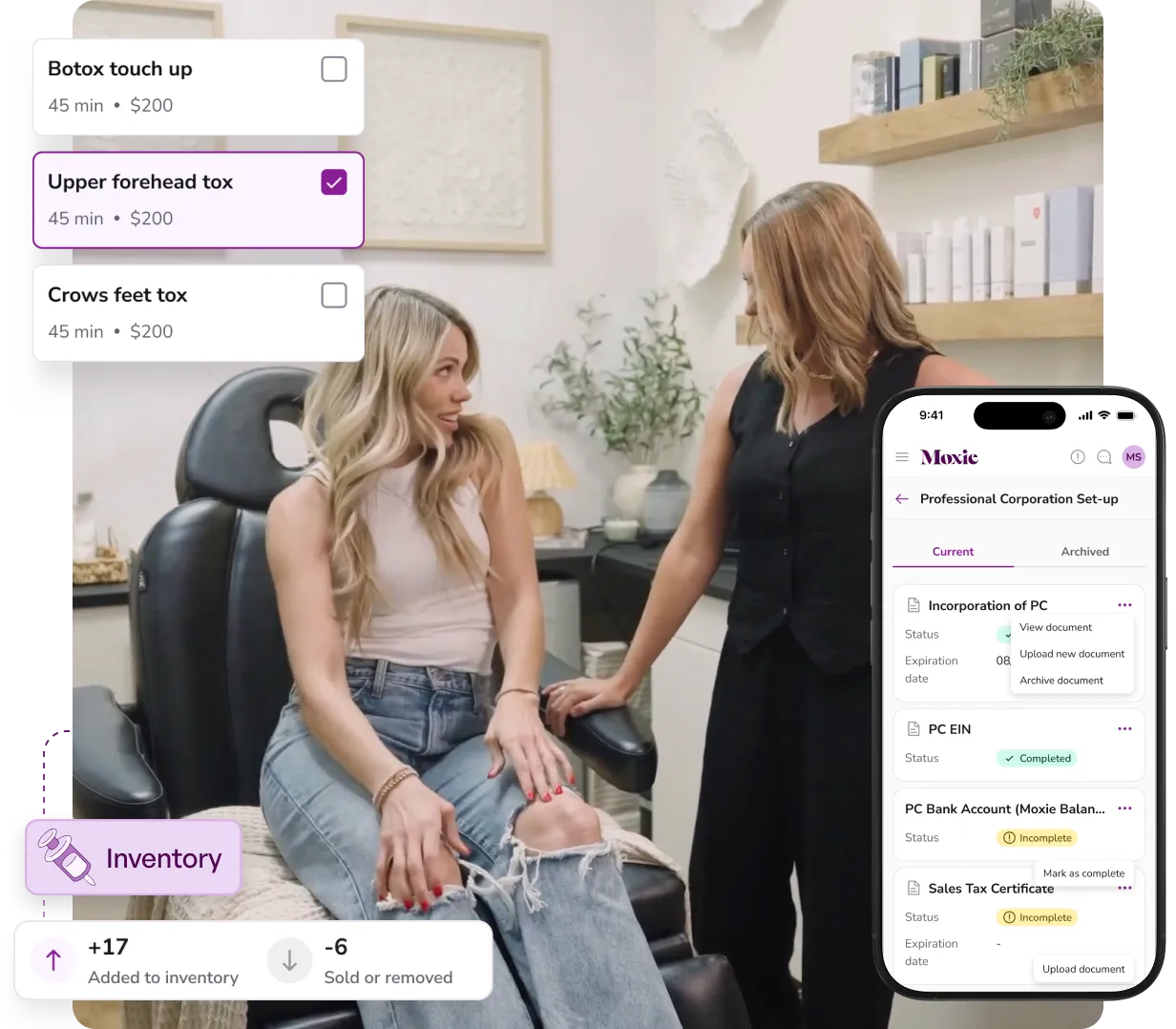 Two women in a salon, one seated in a black chair wearing ripped jeans and a sleeveless top, the other standing and holding her hand, with app interface overlays showing Botox treatment options, inventory status, and a professional corporation setup on a smartphone screen.