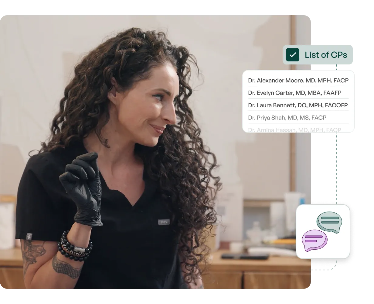 Woman with long curly hair wearing black scrubs and gloves, smiling to the side with a list of doctors and chat bubbles overlayed.