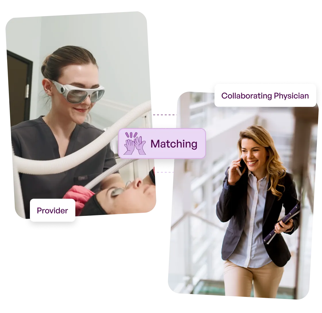 Split image showing a medical provider in protective glasses performing a laser procedure on a patient and a collaborating physician walking while talking on a phone.