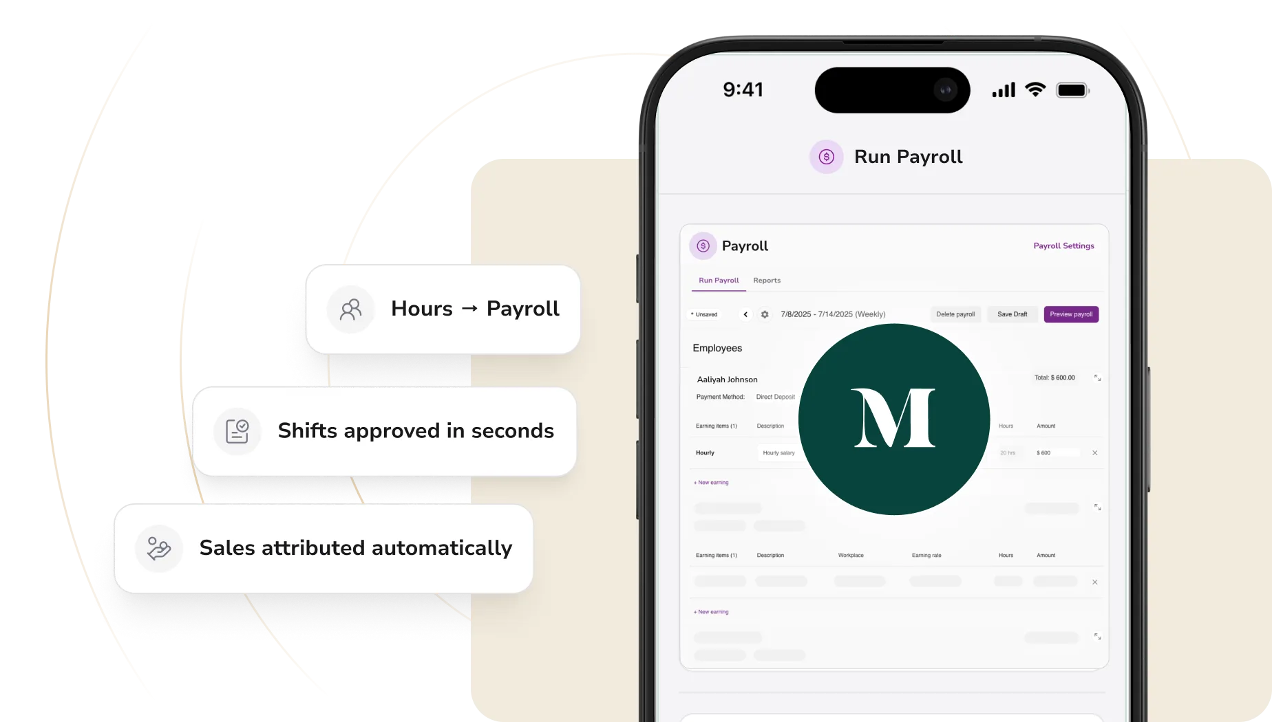 Smartphone screen showing a payroll app with employee salary details and features like hours to payroll conversion, quick shift approvals, and automatic sales attribution.