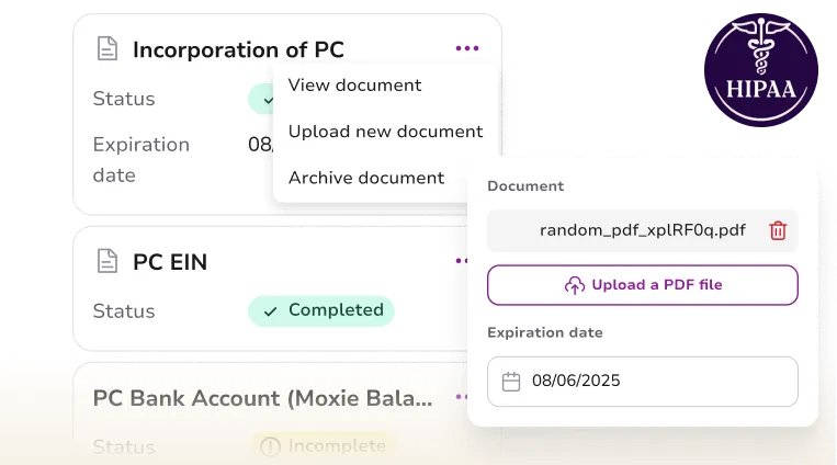 User interface showing document management for PC Incorporation, PC EIN with statuses completed and incomplete, and options to view, upload, or archive documents with an upload PDF file button and expiration date field.