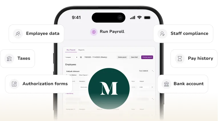 Smartphone screen showing a payroll app interface with a central logo and surrounding feature labels: Employee data, Taxes, Authorization forms, Staff compliance, Pay history, and Bank account.