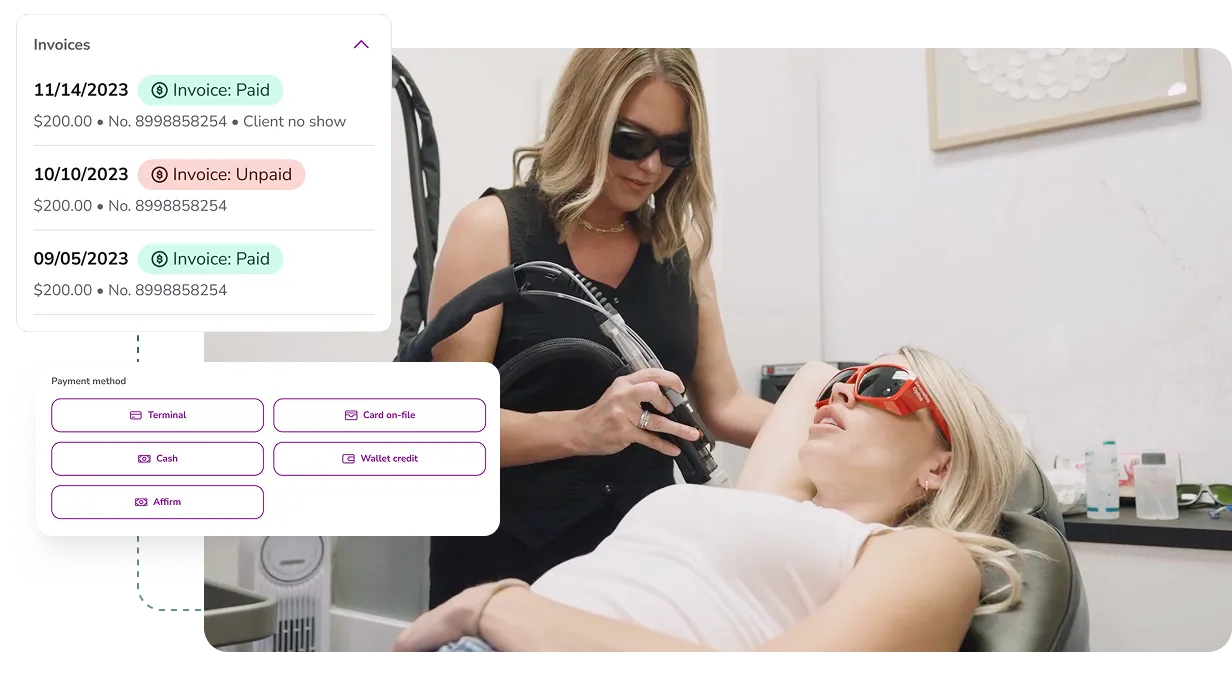 A woman wearing sunglasses performs a laser hair removal treatment on another woman lying on a chair with protective orange glasses, with overlayed UI panels showing invoices and payment methods in a clinical setting.