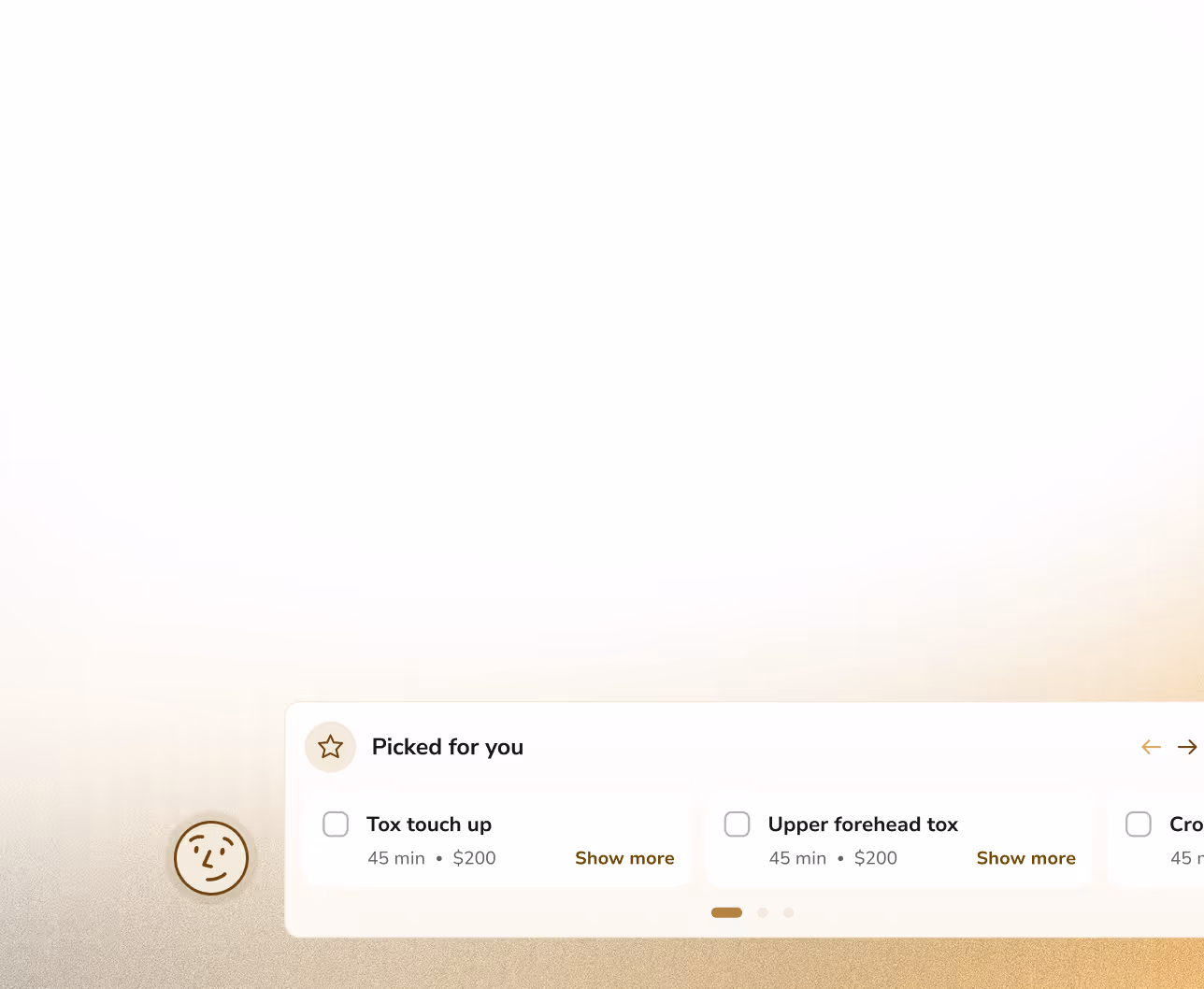 User interface panel with skincare treatments including 'Tox touch up' and 'Upper forehead tox,' each listed with duration and price.