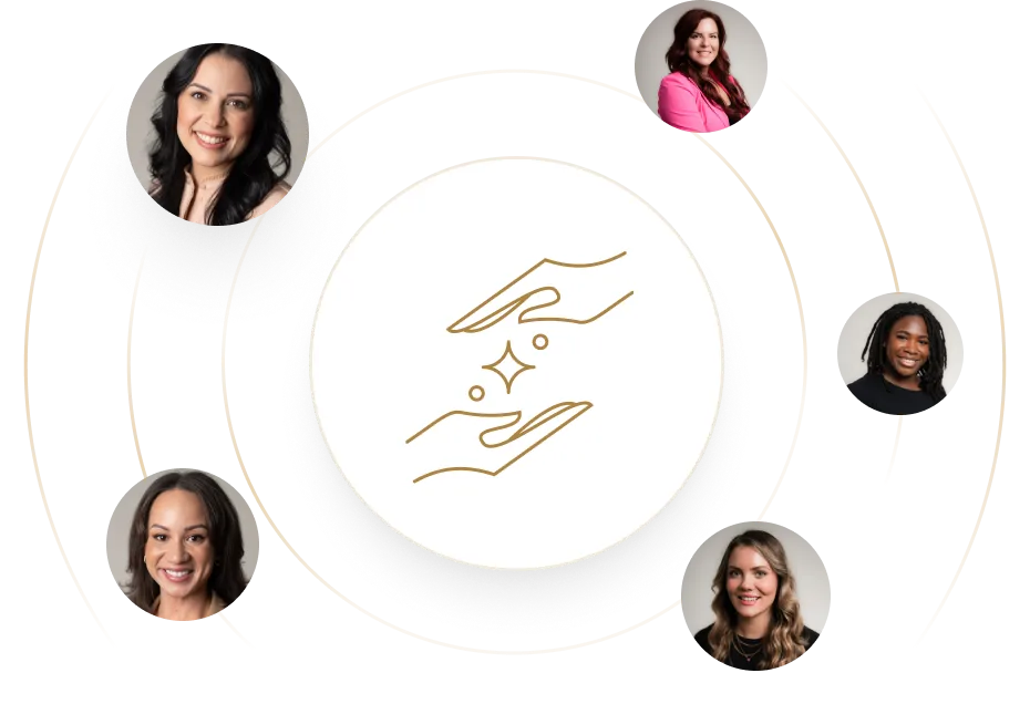 Illustration of two hands with sparkles surrounded by five small headshots of diverse smiling women connected by curved lines.