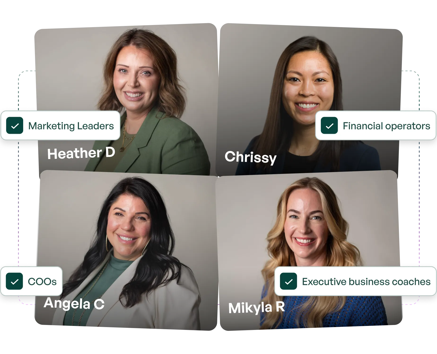 Portraits of four smiling professional women labeled as Marketing Leaders Heather D, Financial Operators Chrissy, COOs Angela C, and Executive Business Coaches Mikyla R.