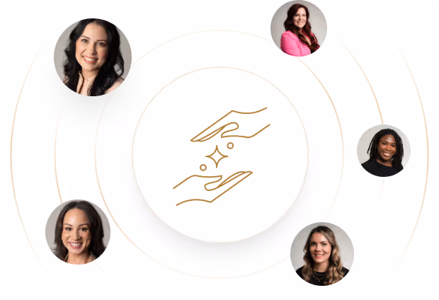 Five diverse women’s headshots arranged around a central icon of two hands with sparkles, symbolizing expert support.