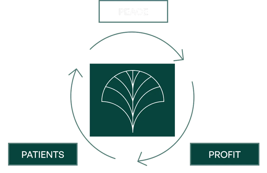 Diagram showing a cycle with arrows connecting three labeled boxes: Peace at the top, Patients on the left, and Profit on the right, surrounding a central square with a stylized fan-shaped leaf design.