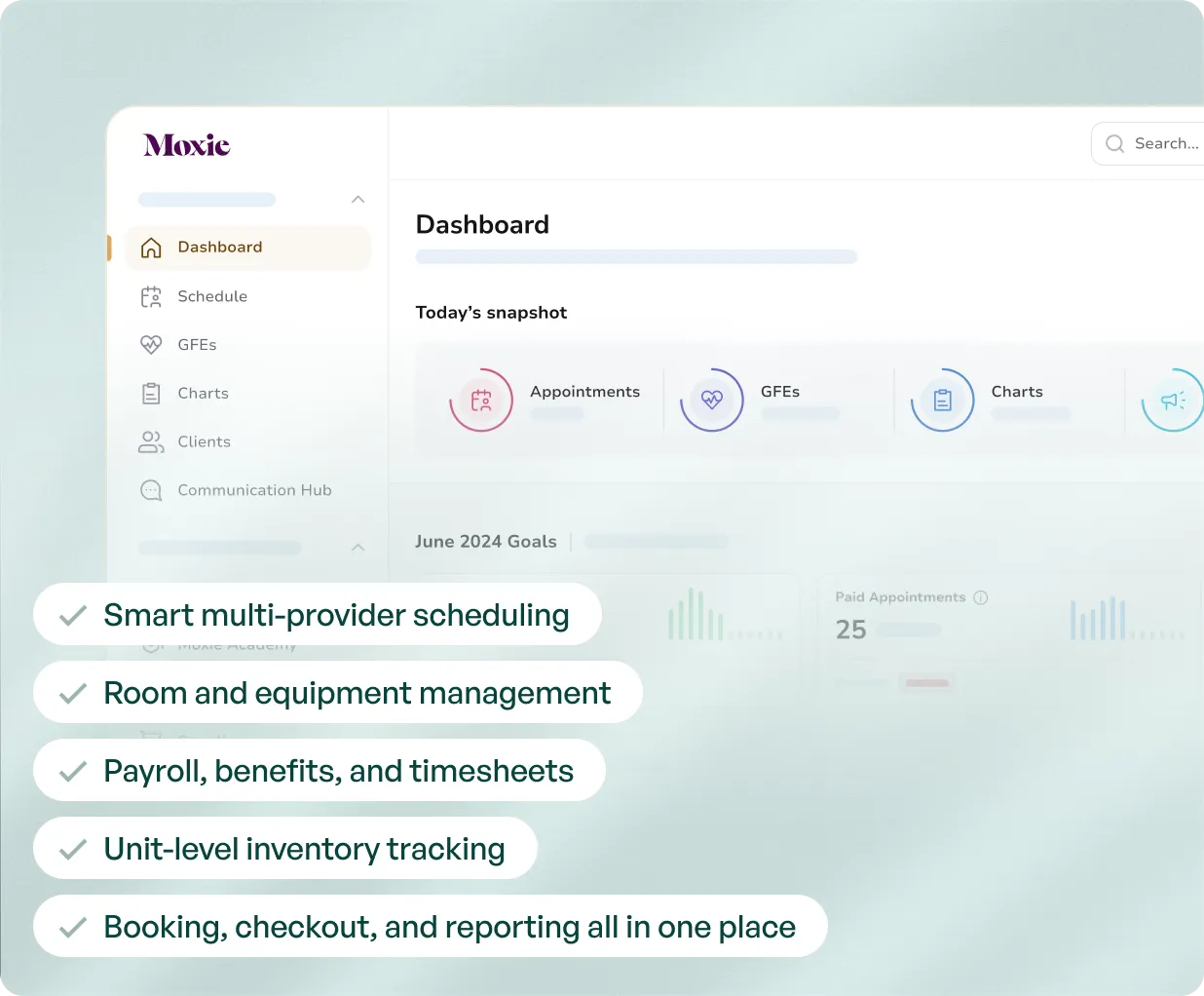 Dashboard interface with listed features including smart multi-provider scheduling, room and equipment management, payroll, benefits, timesheets, unit-level inventory tracking, and combined booking, checkout, and reporting.
