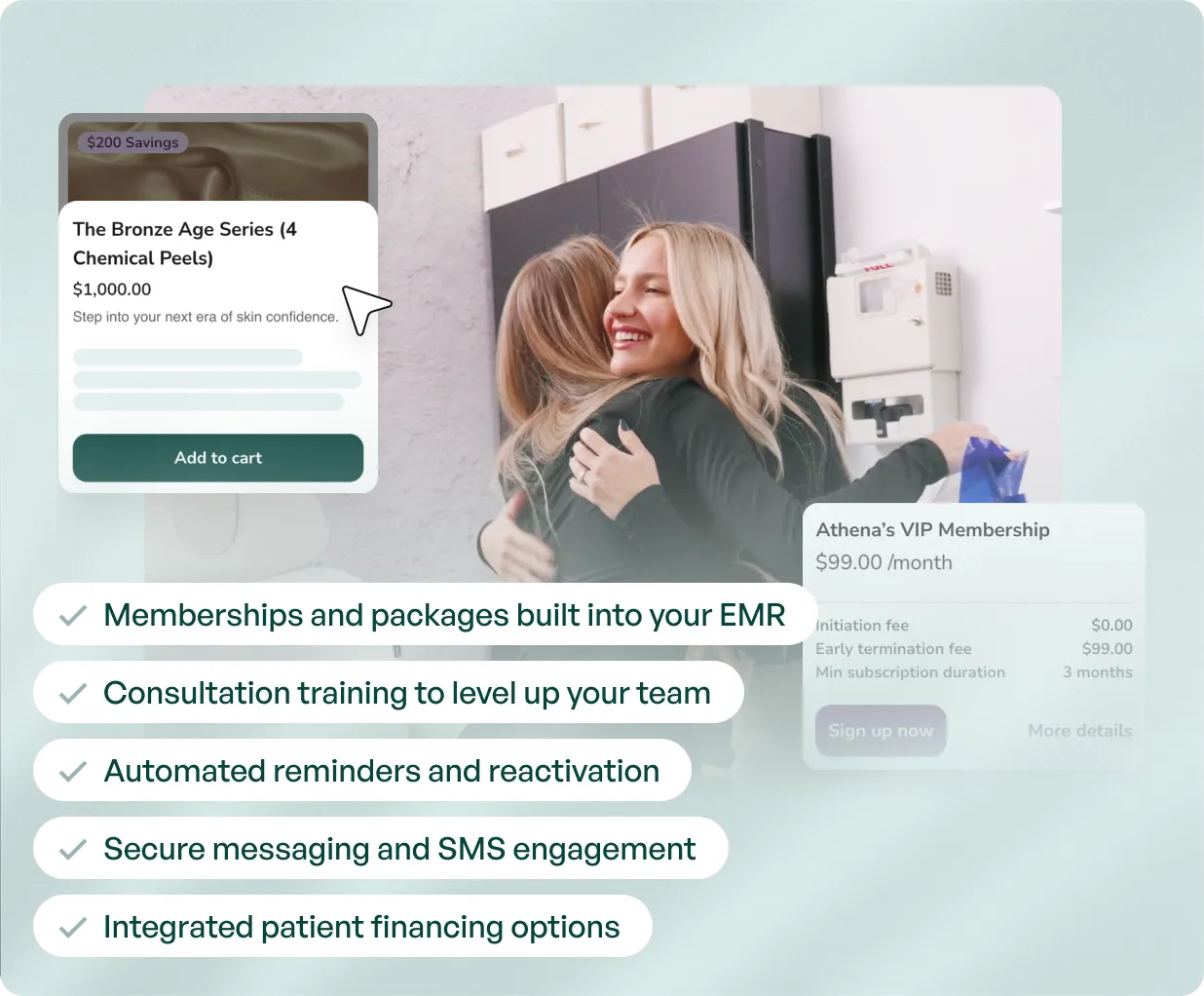 Two women smiling and hugging each other inside a room with text overlay highlighting membership and package benefits for EMR, including training, reminders, messaging, and financing options.