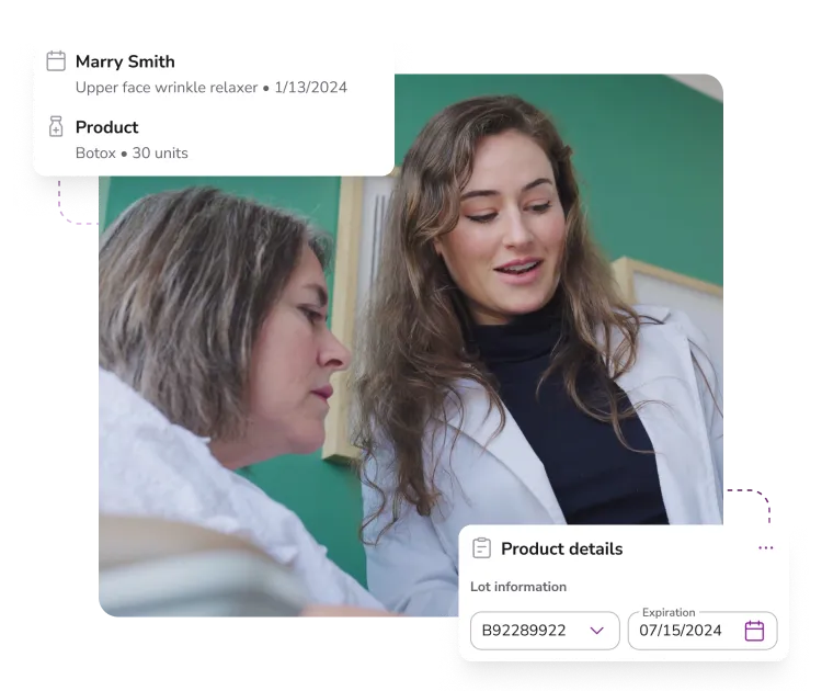 A medical professional in a white coat discussing treatment with a female patient, with overlays showing patient and product details for Botox treatment.
