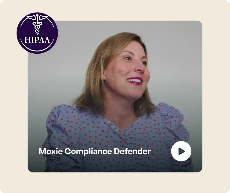 Smiling woman with light brown hair wearing a blue top with red polka dots, beside a HIPAA compliance symbol and text 'Moxie Compliance Defender' with a play button.