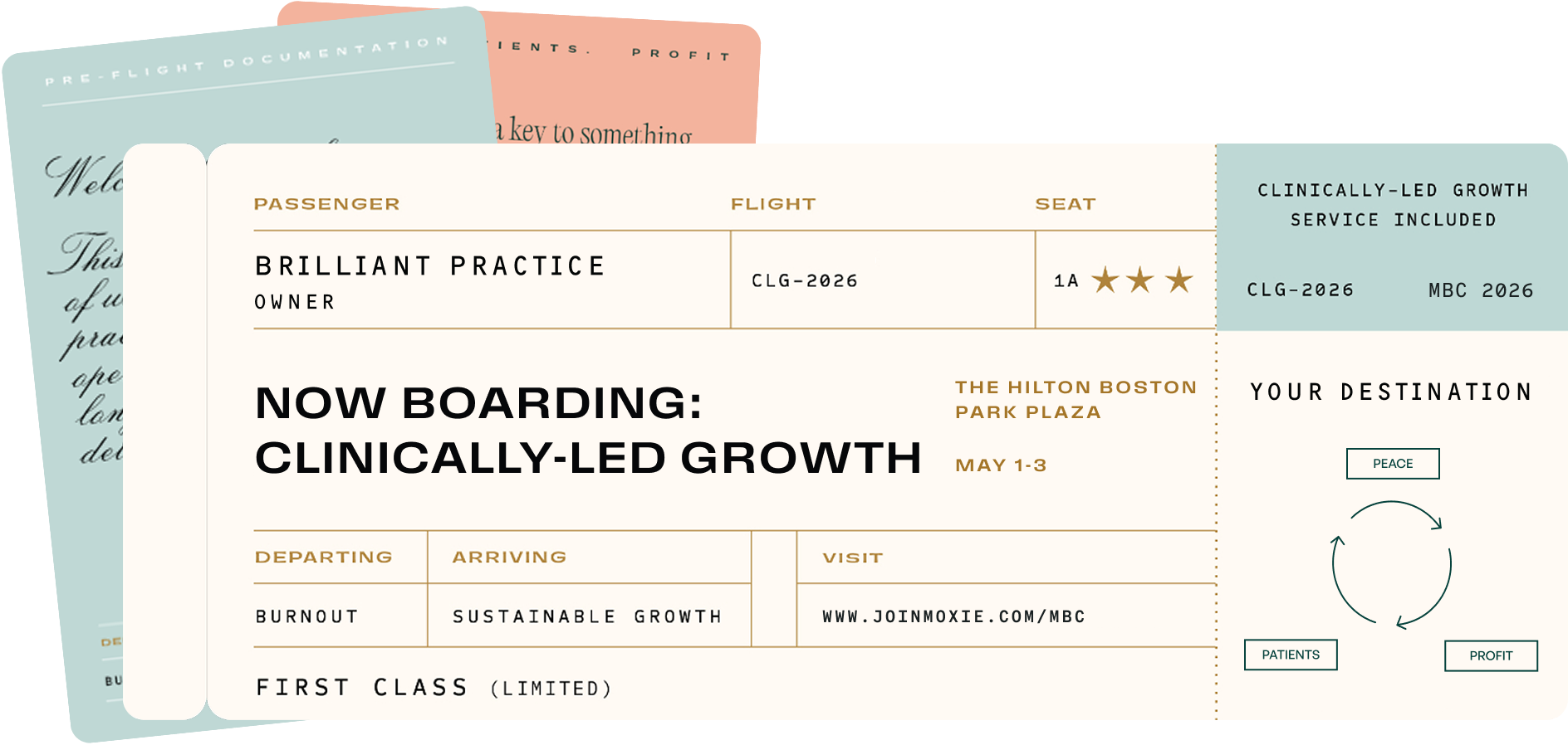Stylized flight ticket for AMSPA conference at The Wynn Las Vegas, April 9-12, showing passenger Brilliant Practice, departing burnout, arriving sustainable growth, with a section labeled Your Destination featuring a circular flow between peace, patients, and profit.