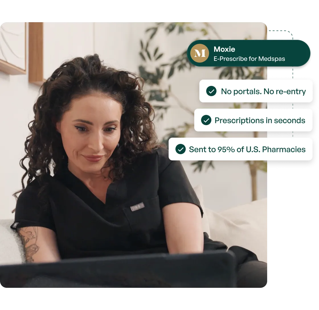 Aesthetic provider holding a mirror for a client during a consultation, with overlays showing "Moxie Clinically-Led Growth Partner" badge and a revenue card displaying "$140k, up 10% vs. April"
