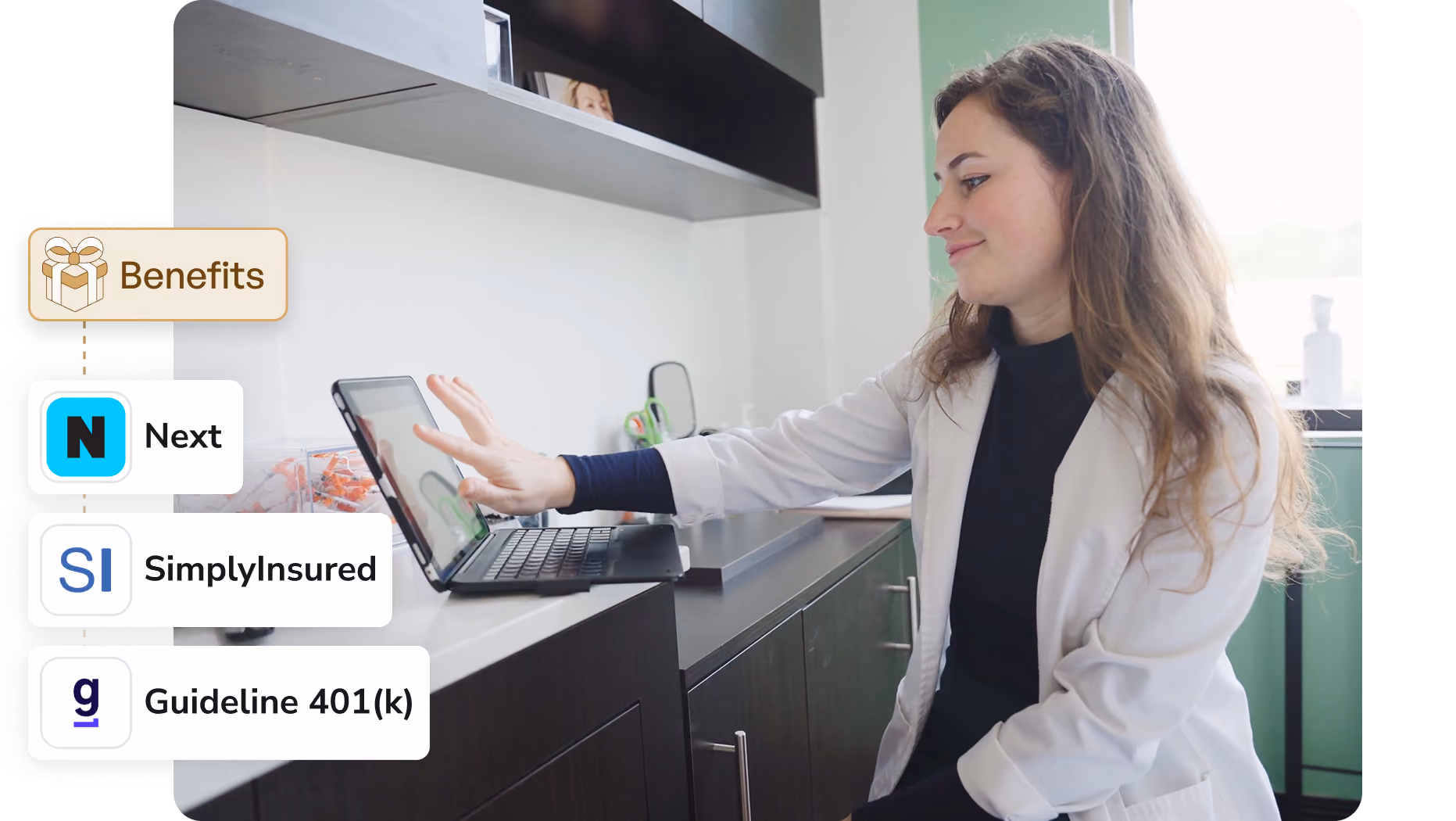 A woman in a white coat gestures toward a laptop in a clinic, with an overlaid "Benefits" label and logos for Next, SimplyInsured, and Guideline 401(k).