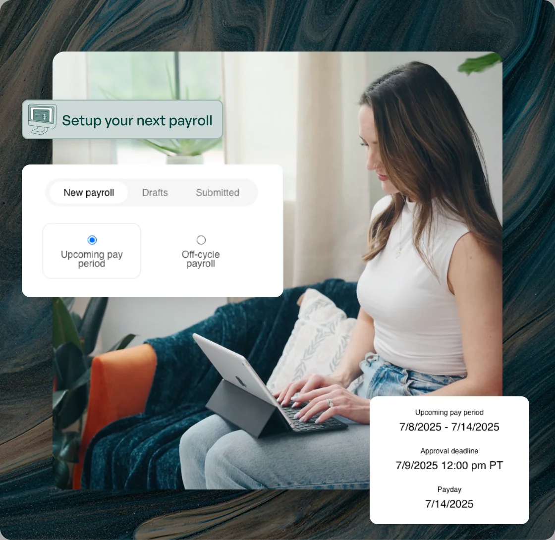 Woman typing on a laptop on a couch, with a Moxie payroll setup panel and upcoming pay period details.