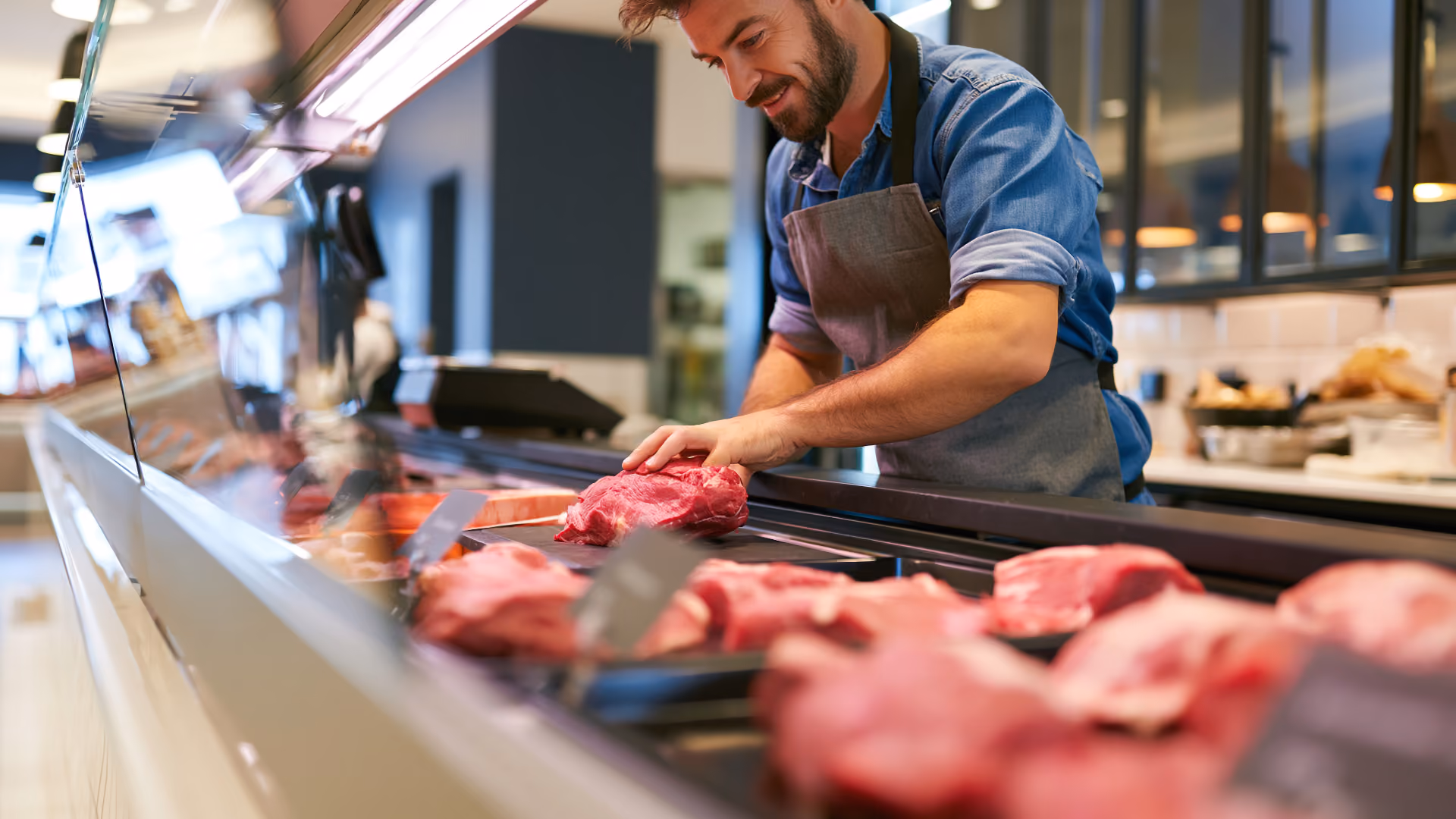Deli operator cutting steaks in a commercial deli