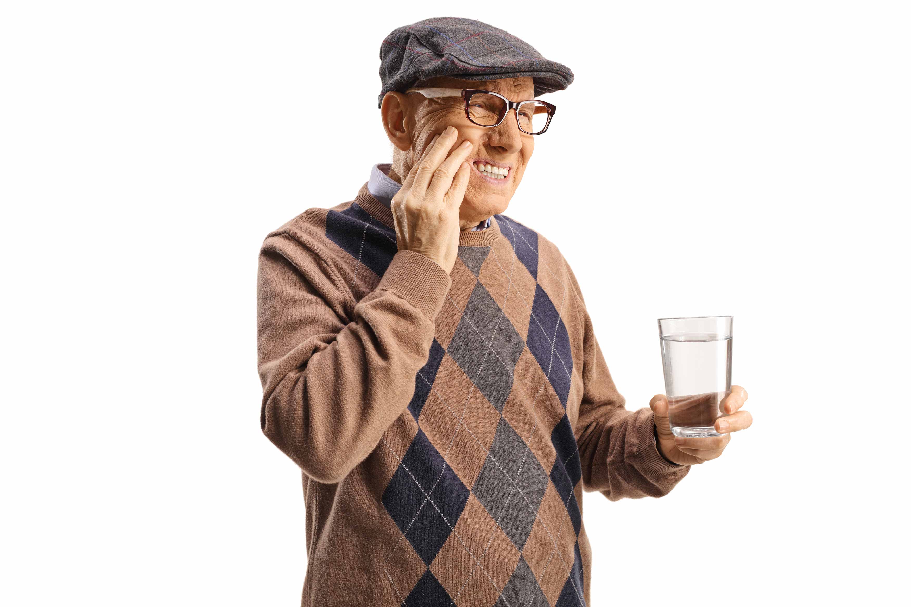 A photo of an older gentlemen holding his right jaw in pain after drinking water