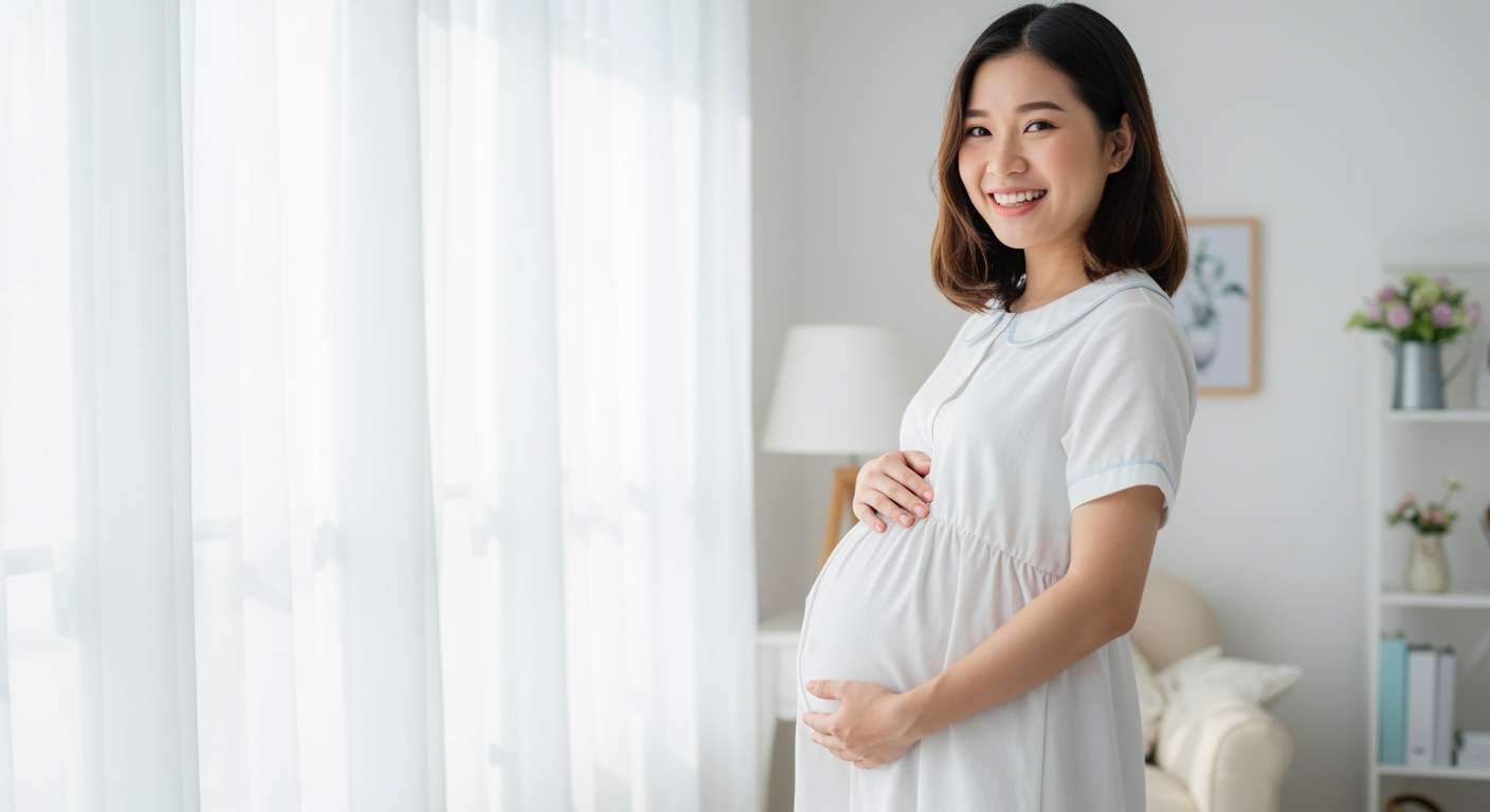A bright, candid 16:9 image of a happy pregnant Asian woman with Thai-Korean-Chinese features, standing in a softly lit room filled with natural light. She is wearing a fresh white maternity dress with soft baby-blue accents