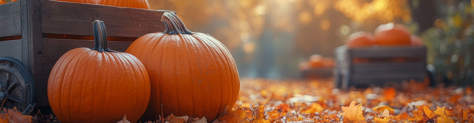 Pumpkins and autumn leaves at Welsh pumpkin patch in fall.