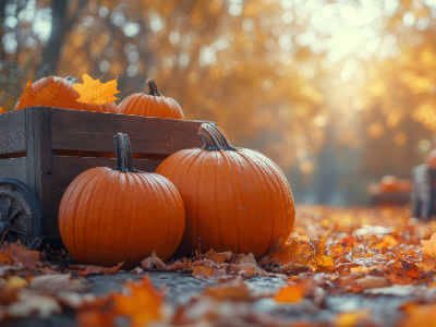 Pumpkins and autumn leaves at Welsh pumpkin patch in fall.