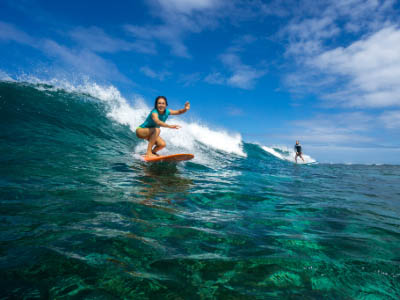 Two people surfing a wave in the sea