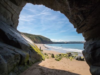 A cave and beach on the Cardigan Bay coastline