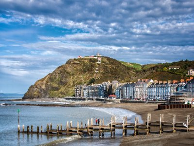 The Aberystwyth beach and promenade with the cliff railway behind