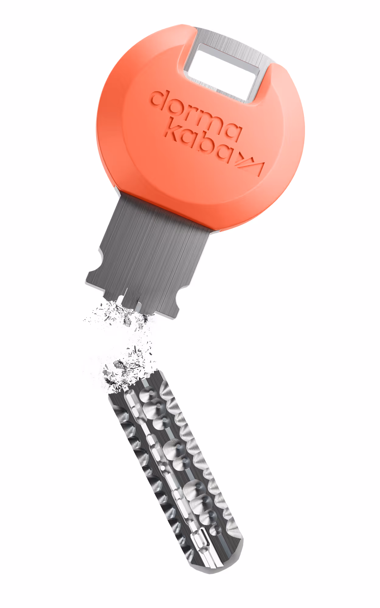 Dormakaba-Schlüssel mit Schlüsselkopf in orange, gebrochen.