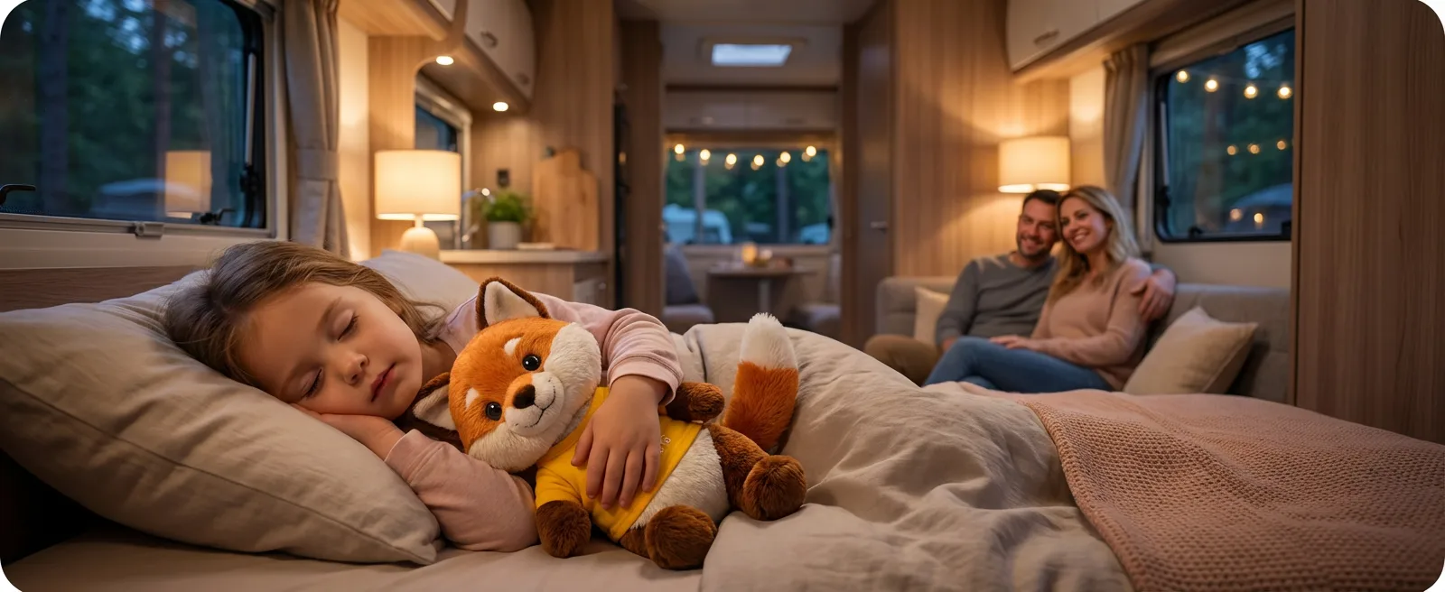 Enfant dormant avec peluche renard dans camping-car