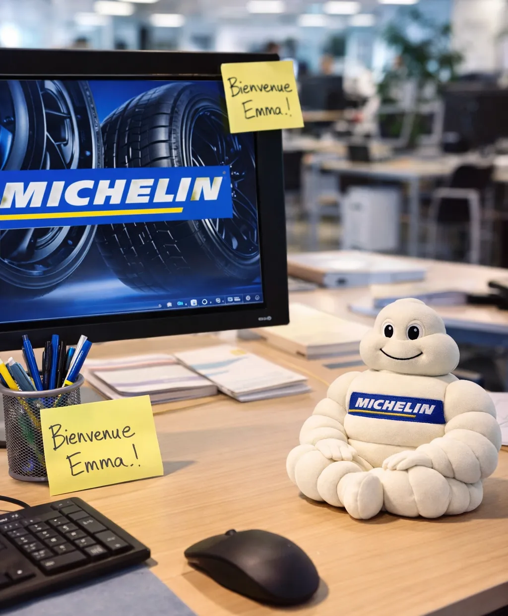 Peluche personnalisée entreprise mascotte Michelin sur bureau