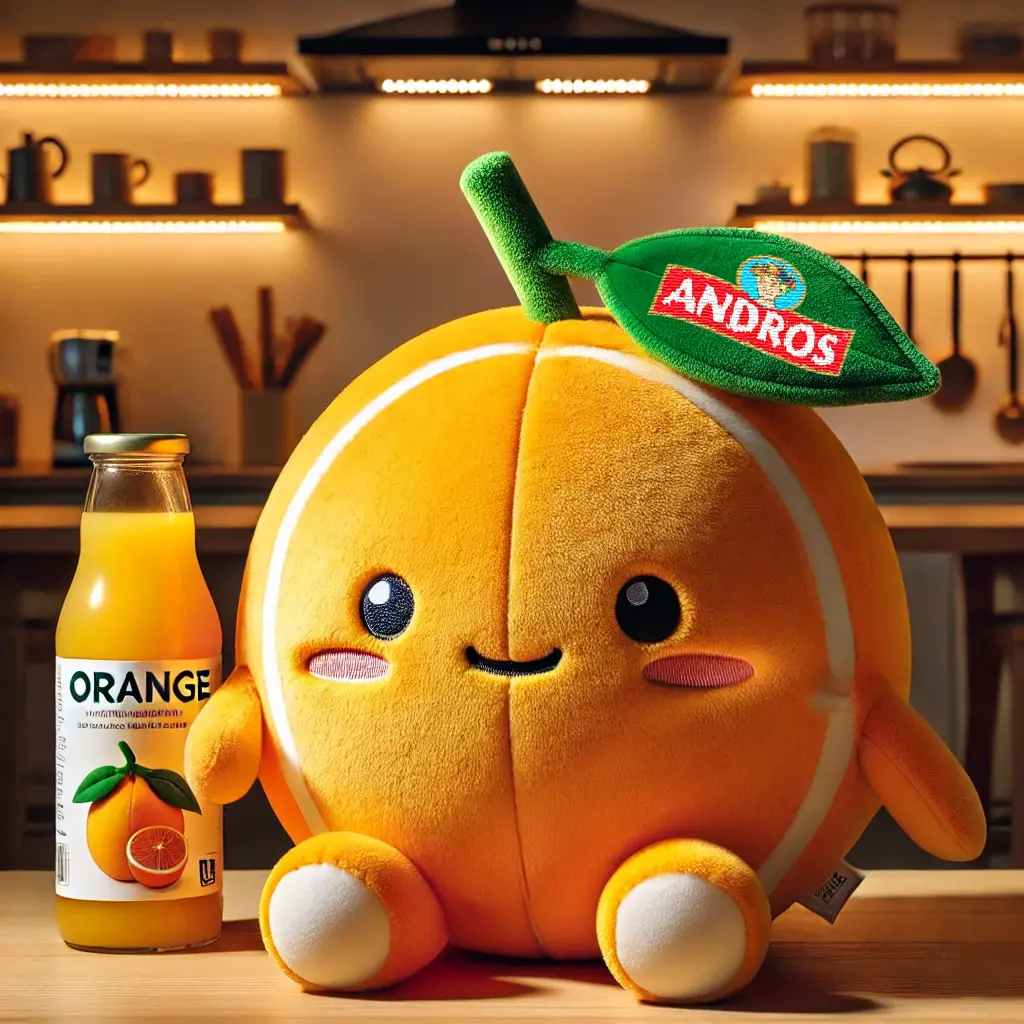 Peluche publicitaire Andros orange - mascotte marque boisson