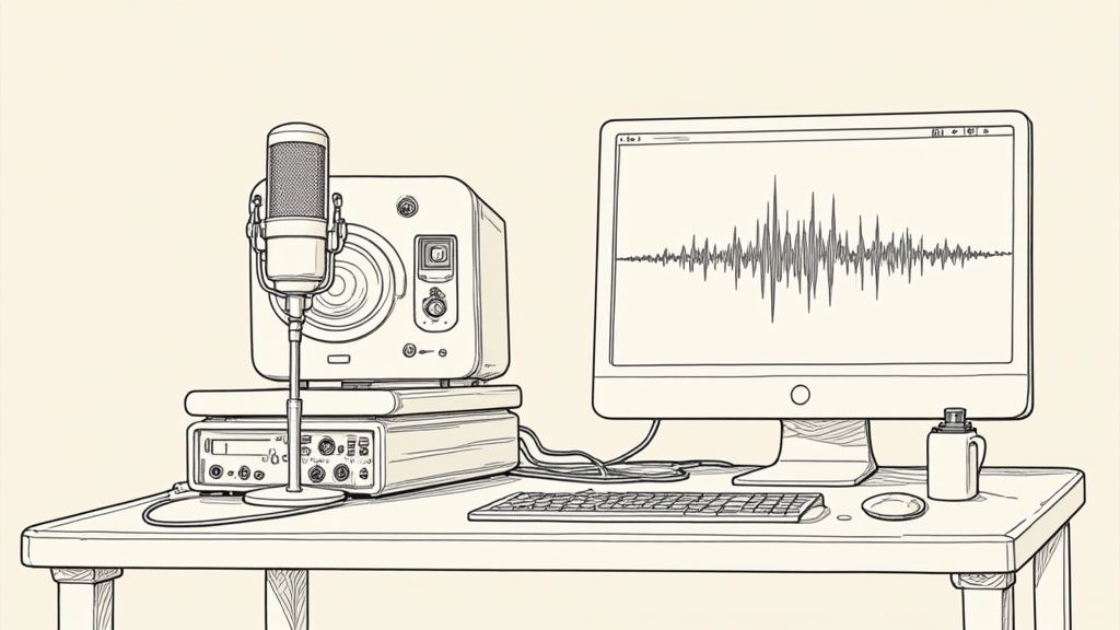 An audio engineer using a digital equalizer on a computer screen to mix vocals.