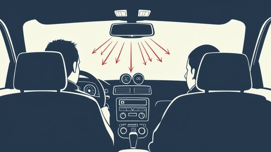 An illustration showing how time alignment works in a car by delaying sound from closer speakers to create a unified soundstage at the driver's position.