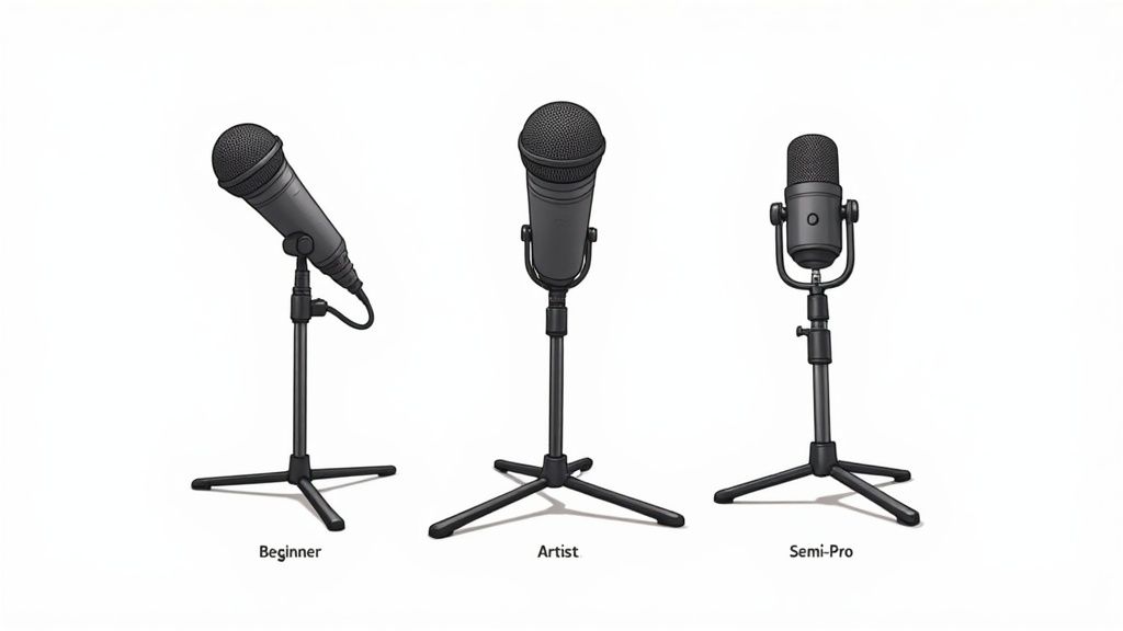 A condenser microphone in a home studio setup with headphones and a laptop.