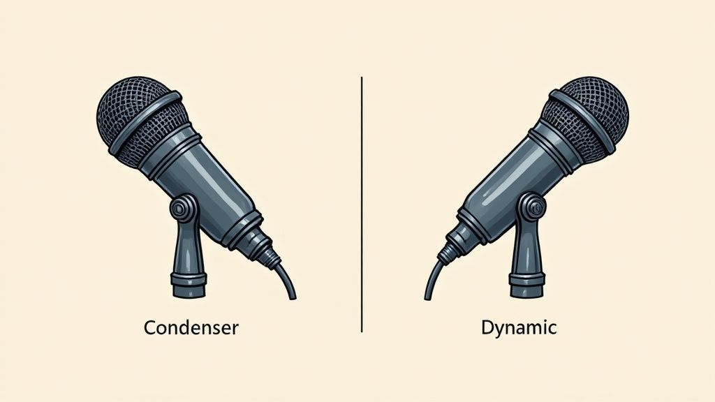 A side-by-side comparison of a sleek condenser microphone and a rugged dynamic microphone.