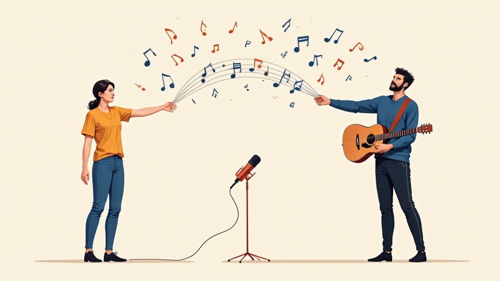 A musician collaborating with a content creator on a video
