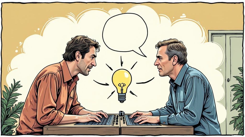 Two musicians discussing a piece of music, one pointing at a laptop screen while the other listens intently.