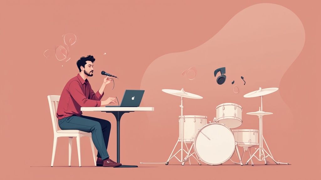 A solo musician performing live in a coffee shop using a laptop for backing tracks.