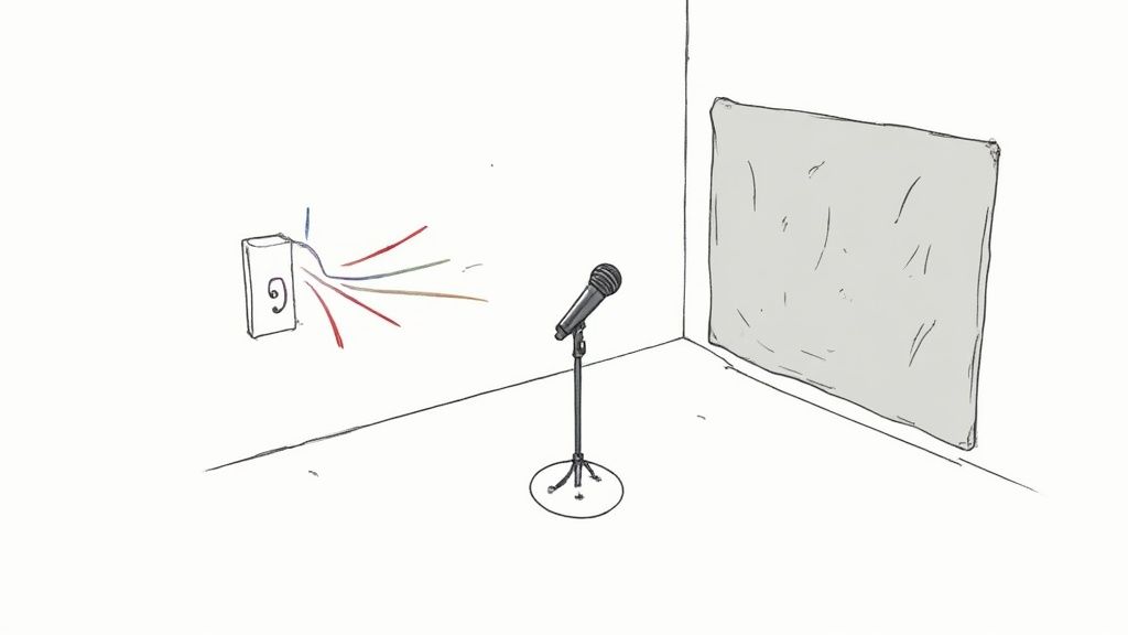 A home recording setup with a microphone, pop filter, and acoustic foam panels in the background.