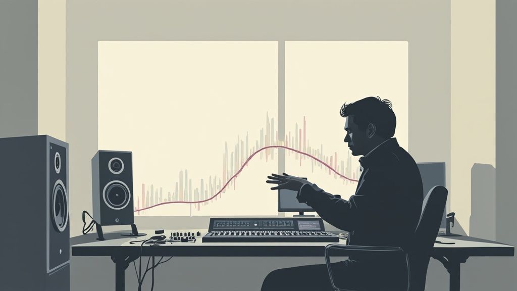 A close-up of a mixing console showing various knobs, faders, and illuminated buttons, highlighting the detailed work of an audio engineer.