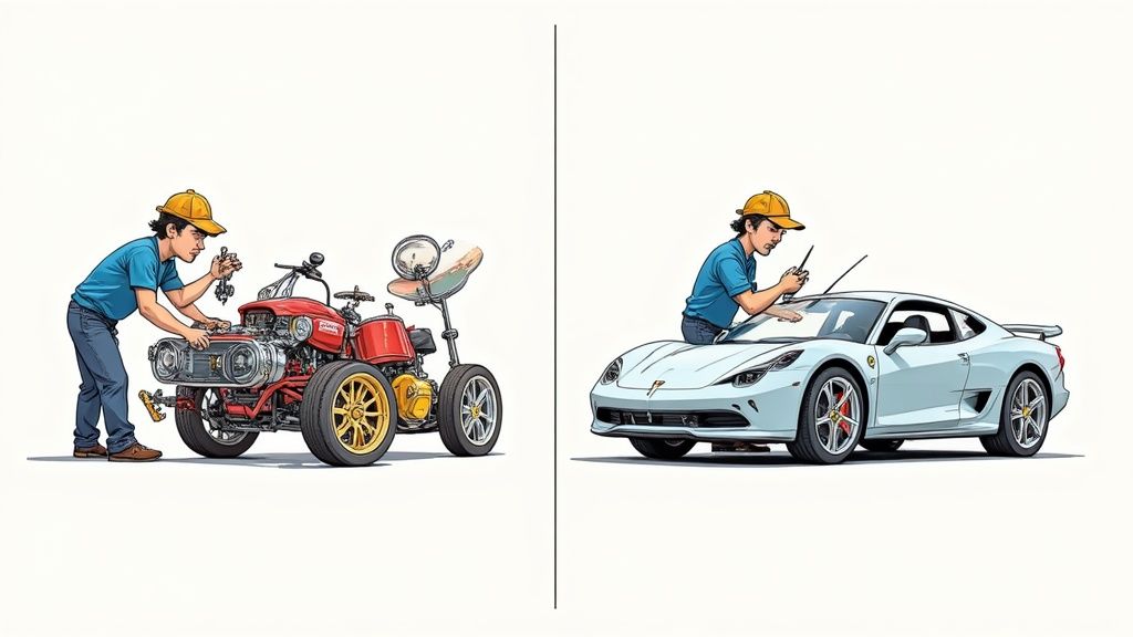 A mixing board with faders and knobs, representing the hands-on process of audio mixing.