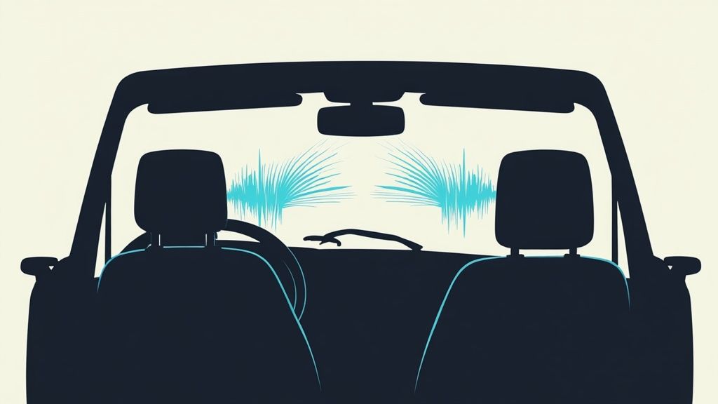 A person driving a car and listening to music, looking frustrated at the sound quality.